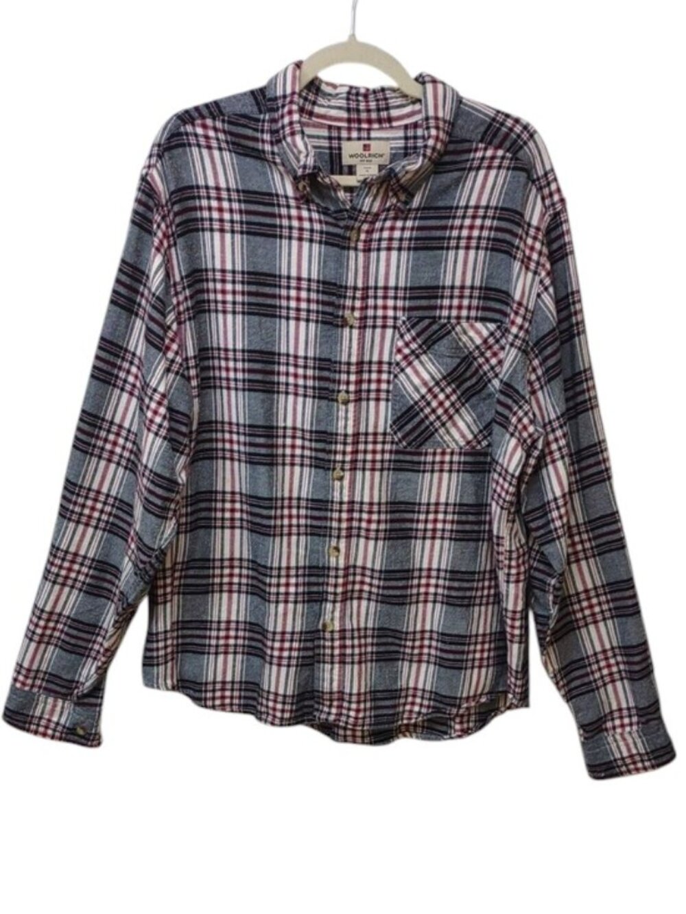 Woolrich Men's 100% Cotton Flannel LS Gray/Red/Black Plaid Button-Up Shirt XL